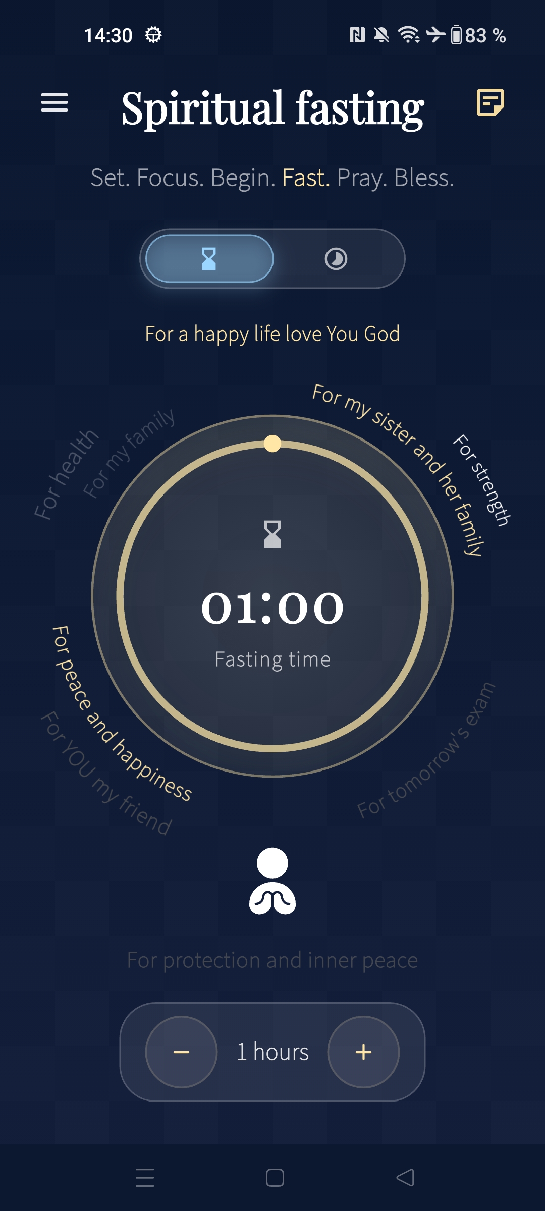 Prayer and fasting timer with intentions