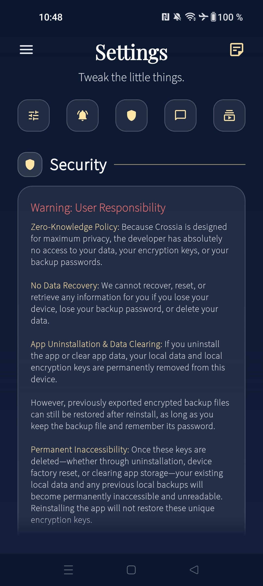 Settings / Security screen
